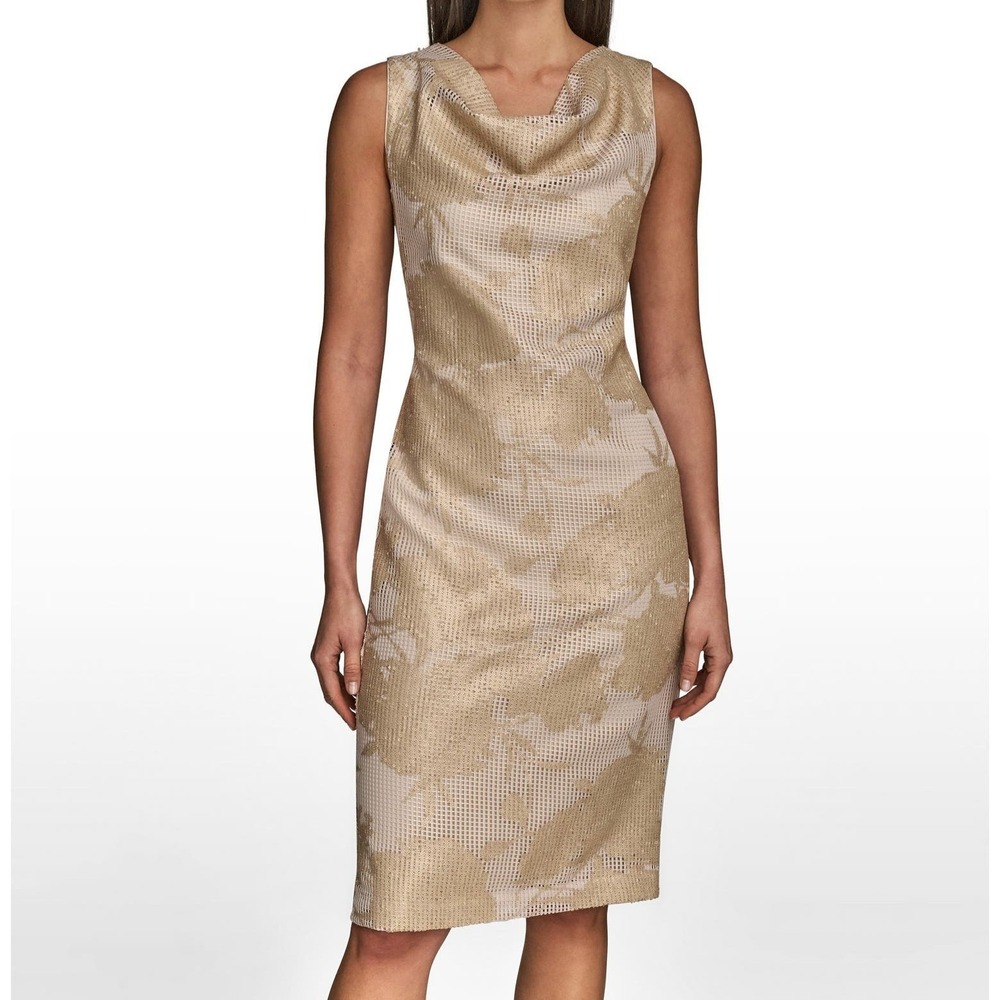 Donna Karan New York Sequin Sleeveless Mesh Sheath Natural Dress Womens 8 NWT